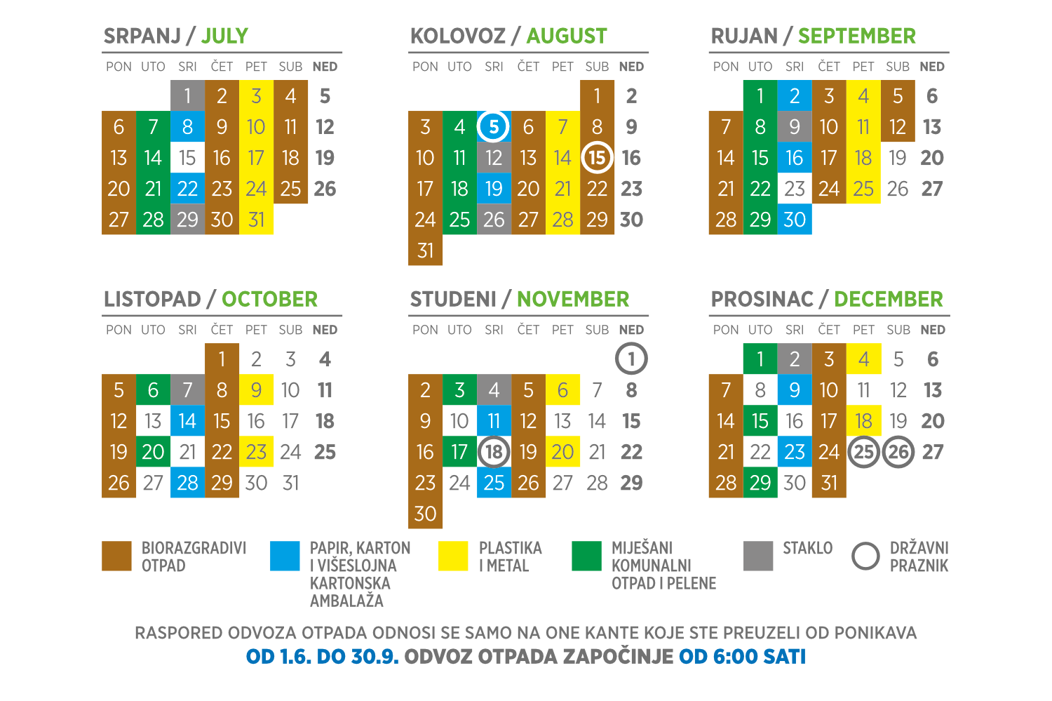 Kalendar odvoza otpada 2. polugodište 2026. godina
