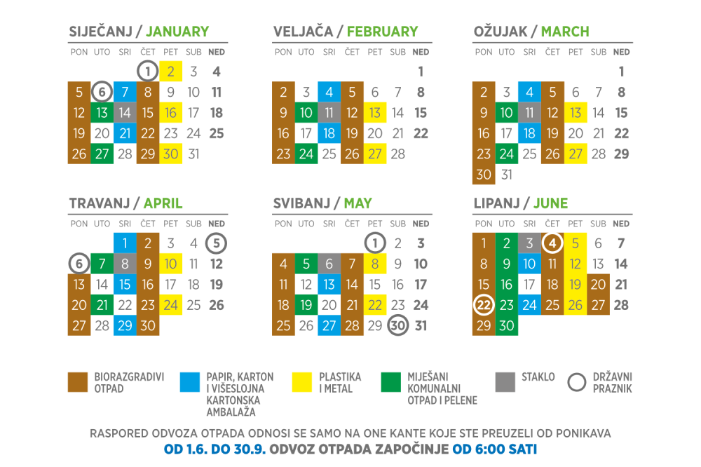 Kalendar odvoza otpada 2026. (1. polugodište)